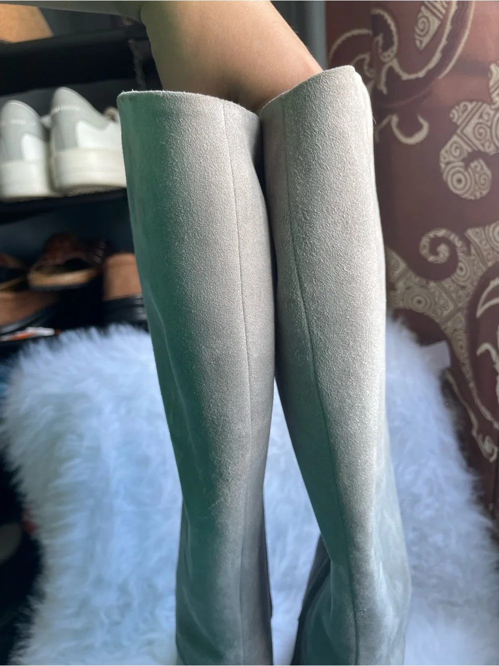 Gucci Light Taupe Suede Over-the-Knee Boots with Gold Zip